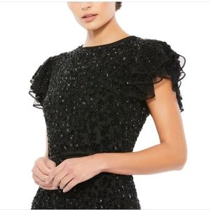Mac Duggal Black Beaded Midi Dress with Ruffled Sleeves